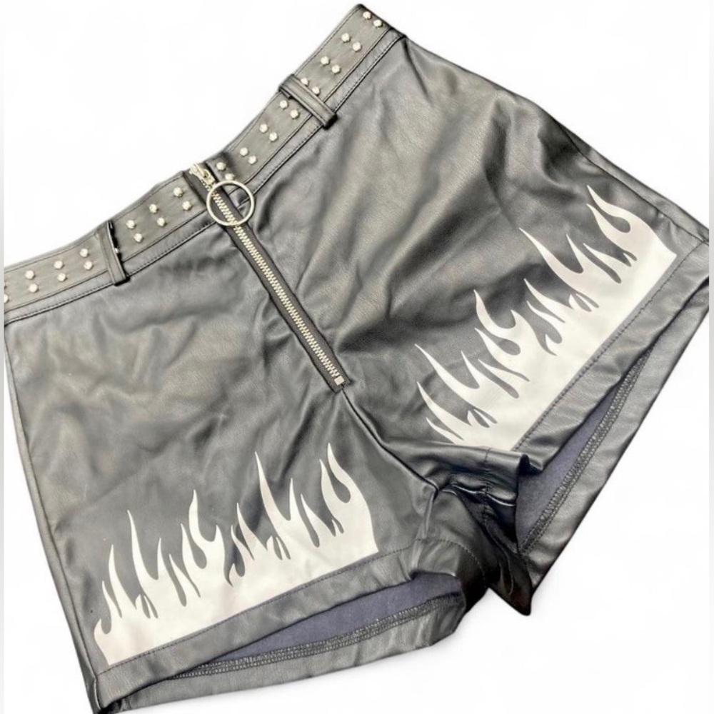 Hot Topic Black Faux Leather High Waist Flame Shorts S
